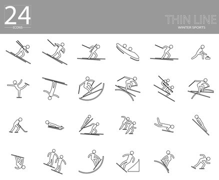eps10 vector set of 24 winter sport icons. Thin line sport signs collection. Indoor and outdoor activities, single and team sport included. Graphic illustration clip art for design, mobile, web, print