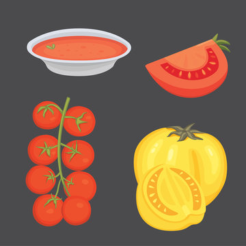 Collection of fresh red tomatoes and soup vector illustrations. Half, slice, cherry tomato.