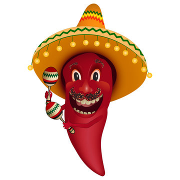 Red chili pepper dancing with maracas - Cartoon character paprika with mustache and sombrero, dancing and shaking maracas.