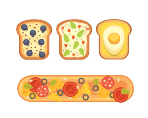 Set toasts and sandwich breakfast. Bread toast with jam, egg, cheese, blueberry, peanut butter, salami, fish. Flat vector illustration.