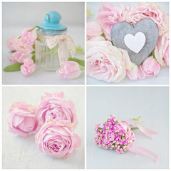 Flower collage .Close-up floral composition with a pink roses and tulips on a light background.