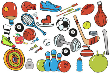 a set of sports items. balls, sneakers, basketball, baseball, dumbbell, fitness, weight loss and much more. Doodle style.