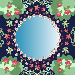 Unusual natural pattern with round mirror and decorative floral frame. Beautiful vector illustration.