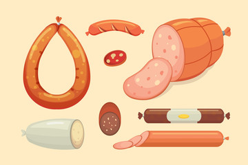 Set of vector cartoon sausage. Bacon, sliced Salami and Smoked Boiled. Isolated fresh Delicatessen icons. Grilled product.