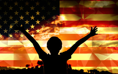 Flag of United States with a sky background and a young man raising hands. - 139375497