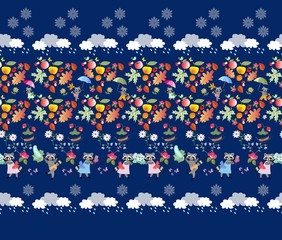 Seamless pattern with cute cartoon animals, autumn leaves, mushrooms, berries, fruits, vegetables, clouds, rain drops and snowflakes on dark blue background. Print for fabric. Illustration for baby.