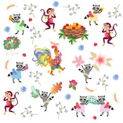 Obraz premium Ditsy vector pattern for baby with cute cartoon characters isolated on white background. Funny poultry, raccoons, monkeys, flowers, vegetables and fruits. Greeting card, print for fabric, wallpaper.