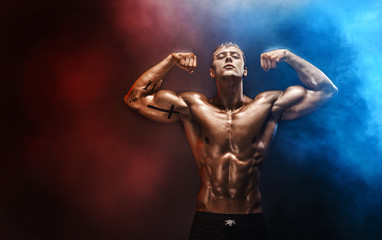 Strong bodybuilder man with perfect abs, shoulders, biceps, triceps, chest.