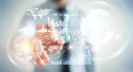 Businessman using hologram screen with digital datas 3D rendering
