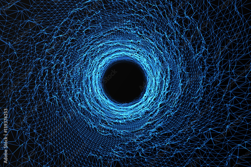 Poster cosmic wormhole, space travel concept, funnel-shaped tunnel that can connect one universe with anoth