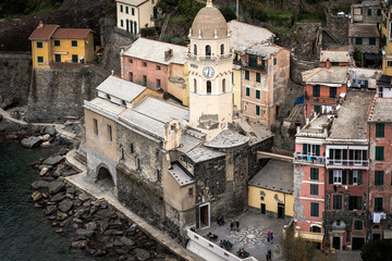 Fototapeta na wymiar Aerial view on old medieval church of Vernaza town in Cinque Terre national park, Italy
