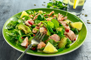 Healthy Salmon, Avocado salad with watercress and goji berries, pumpkin seed mix on green plate
