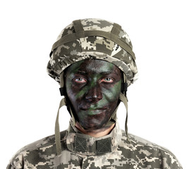 Portrait of soldier with painted face on white background