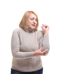 Obraz premium Senior woman suffering from pain in elbow, on white background