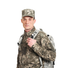 Soldier in camouflage on white background