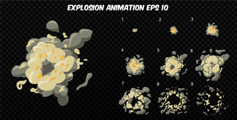 Vector explode. Explode effect animation with smoke. Cartoon explosion frames. Sprite sheet of explosion