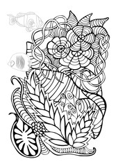 Hand drawn page in zendoodle style for adult coloring book. Abstract marine and floral motifs with coral fishes, seashells and seaweeds. Elements for design, prints, invitation cards.