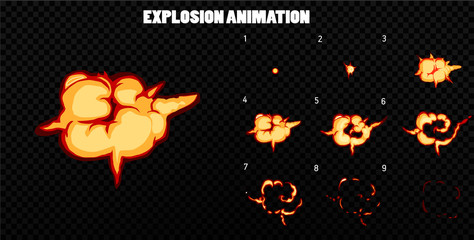 Vector explode. Explode effect animation with smoke. Cartoon explosion frames. Sprite sheet of explosion