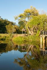 Wishing well under tree by waters edge reflected in calm blue water and morning light Kerikeri New Zealand.