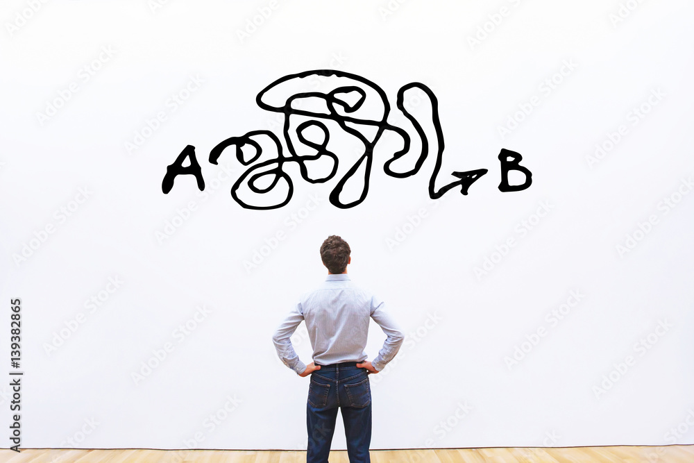 Wall mural problem solving, complicated solution from point a to point b, business idea or creativity concept, 