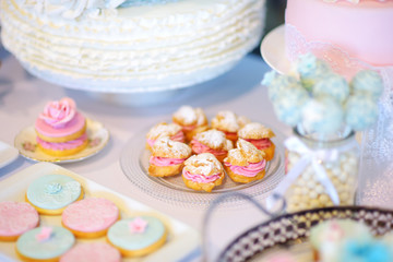 Beautiful desserts, sweets and candy table at wedding reception