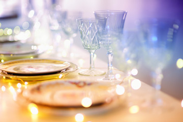 Beautiful table setting with crockery for a party, wedding reception or other festive event