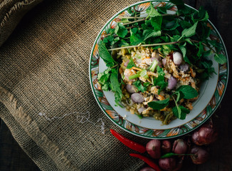Vintage style Thai traditional food homemade spicy eggplant with salad on wooden background wallpaper