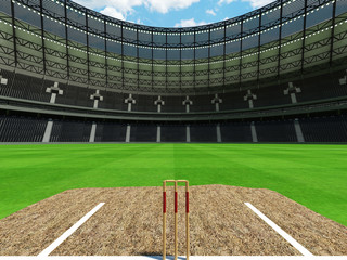 Fototapeta premium 3D render of a round cricket stadium with black seats and VIP boxes