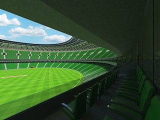Fototapeta premium 3D render of a round cricket stadium with green seats and VIP boxes