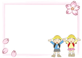 桜フレーム横・子供達（ばんざい）