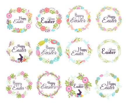 Happy easter hand drawn badge hand lettering greeting decoration element and natural wreath spring flower vector illustration