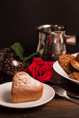 red flower, bucket, biscuit and cupcake