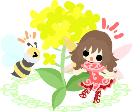 Pretty fairy and beautiful brassica and bee