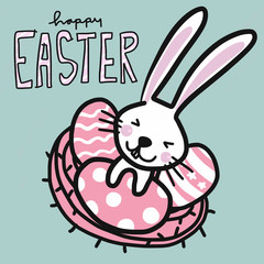 Cute rabbit in eggs basket cartoon vector illustration pastel color