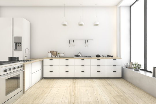 3d rendering white scandinavian style kitchen with lamp