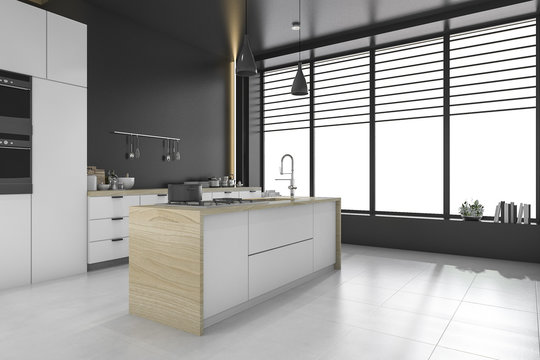 3d rendering modern loft black kitchen and dining room
