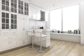 3d rendering white scandinavian style kitchen and dining room
