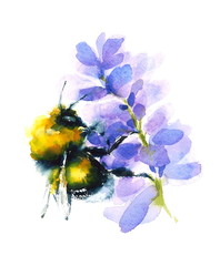 Watercolor Bumblebee Gathering Honey from a Flower Hand Painted Summer Illustration isolated on white background - 139390415