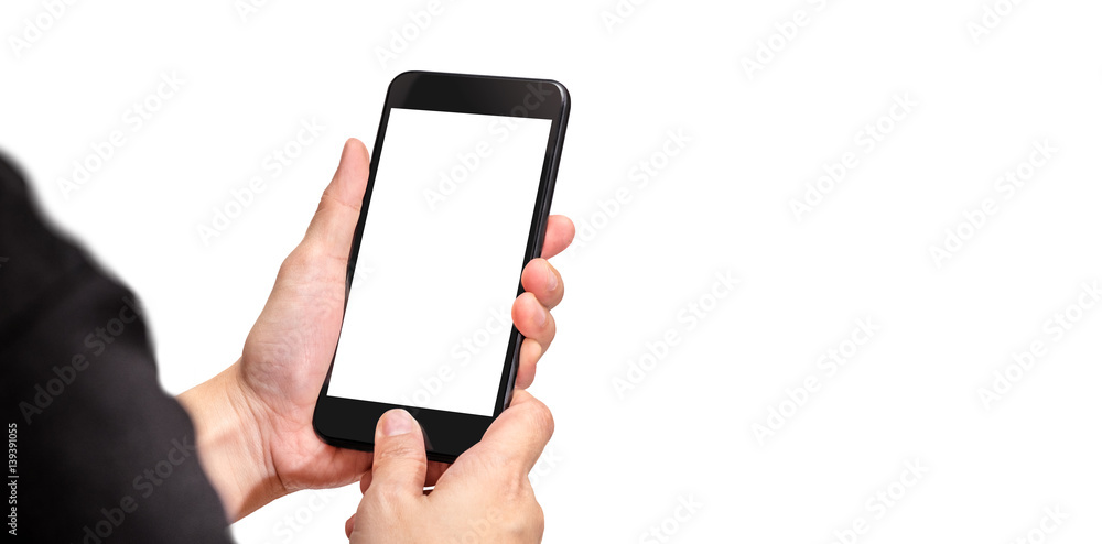 Poster Over shoulder shot of person using black mobile phone and touch on button with blank screen isolated on white background,Mock up for display of your content of replace with background