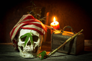 Pirate comedian skull with cannabis, marijuana in black still life style