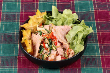 Fried mixed vegetable with Korea pork .