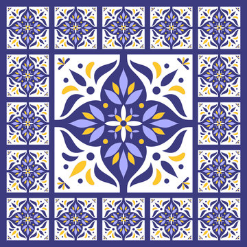 Oriental pattern tiles floor vector - vintage with ceramic cement tiles. Big tile in center is framed in small. Background with portuguese azulejo, mexican talavera, spanish, moroccan motifs.