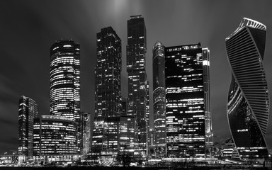 Moscow international business centre Moscow-city at night. View from the embankment. Russia Monochrome image. Black and white
