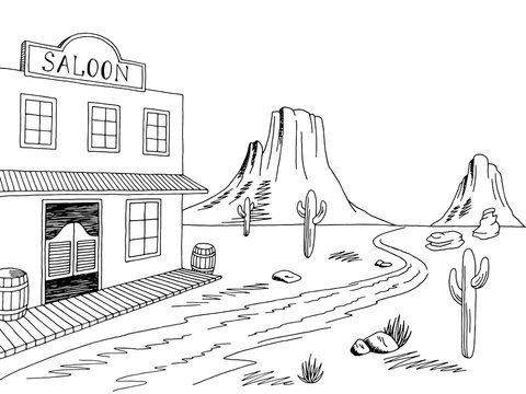 Wild west graphic black white prairie landscape sketch illustration vector