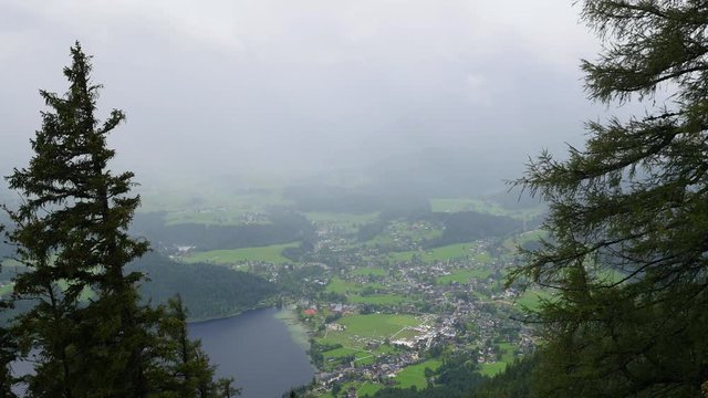 Aerial view from Loser peak over Altausseer See lake and Altausse village in Dead Mountains (Totes Gebirge) in Austria.
