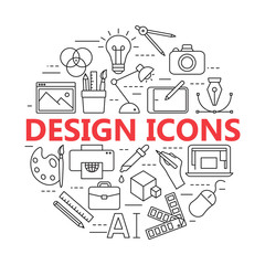 Printing and graphic design icons in thin outlines.