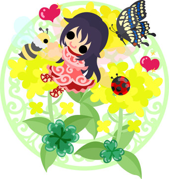 Pretty fairy and beautiful brassica and bee and ladybug and butterfly