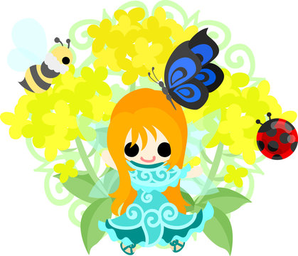 Pretty fairy and beautiful brassica and butterfly and bee and ladybug