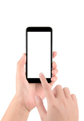 hand holding a Smartphone with white screen on white background