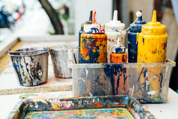 colored paint painter bottled. Equipment in the paint, bottle color. A set of street artist.